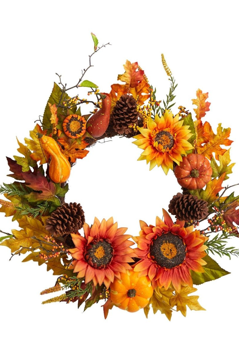 Shop For 24” Fall Sunflower, Pumpkin, Gourds, Pinecone and Berries Wreath