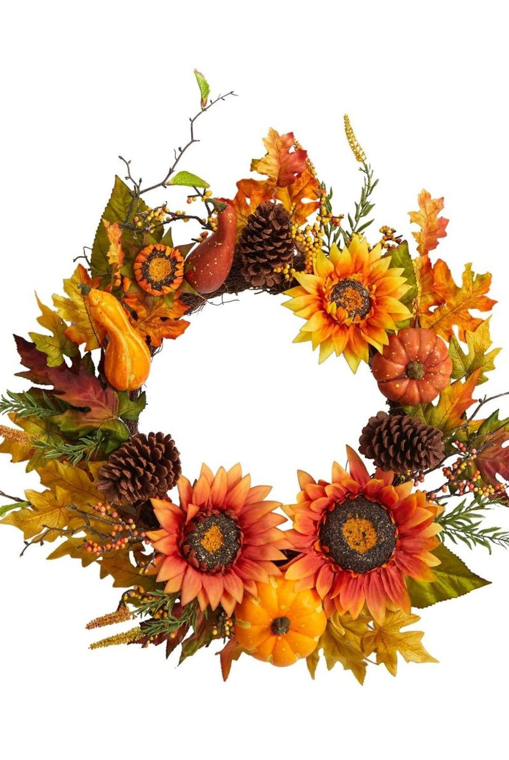 24” Fall Sunflower, Pumpkin, Gourds, Pinecone and Berries Autumn Artificial Wreath