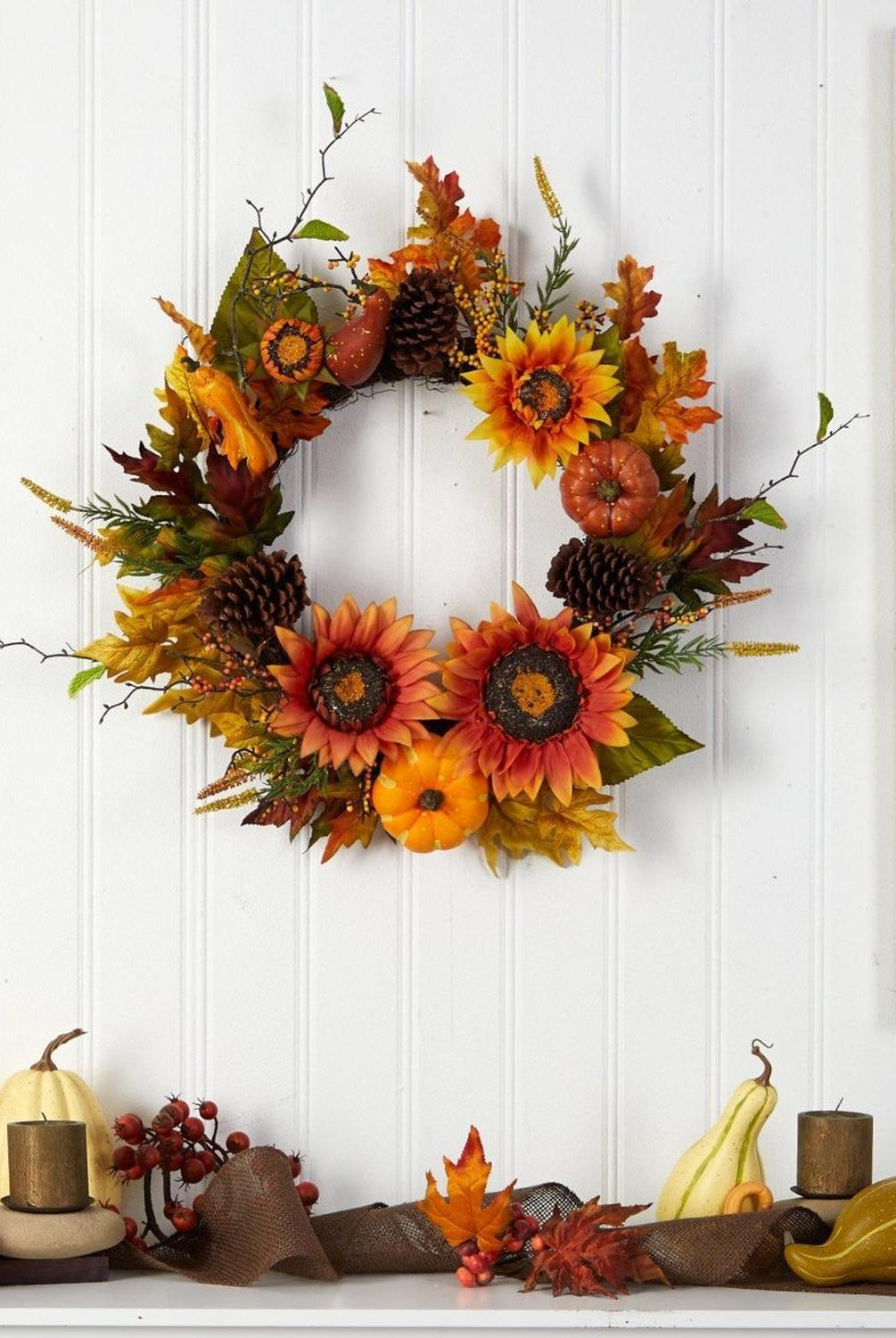 24” Fall Sunflower, Pumpkin, Gourds, Pinecone and Berries Autumn Artificial Wreath