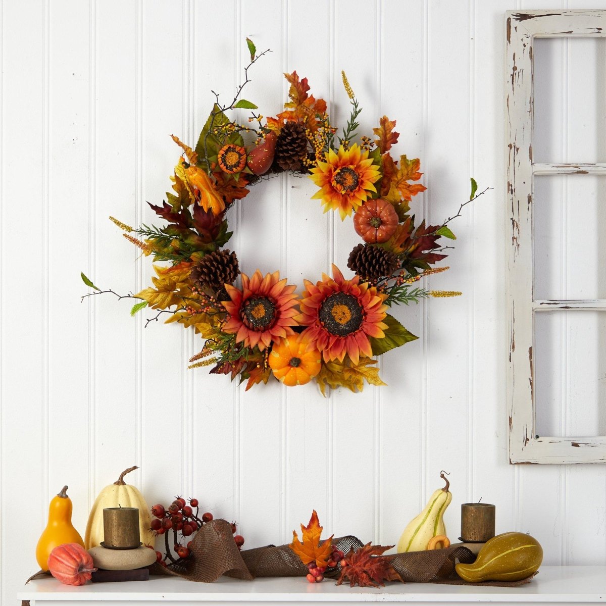 Shop For 24” Fall Sunflower, Pumpkin, Gourds, Pinecone and Berries Wreath