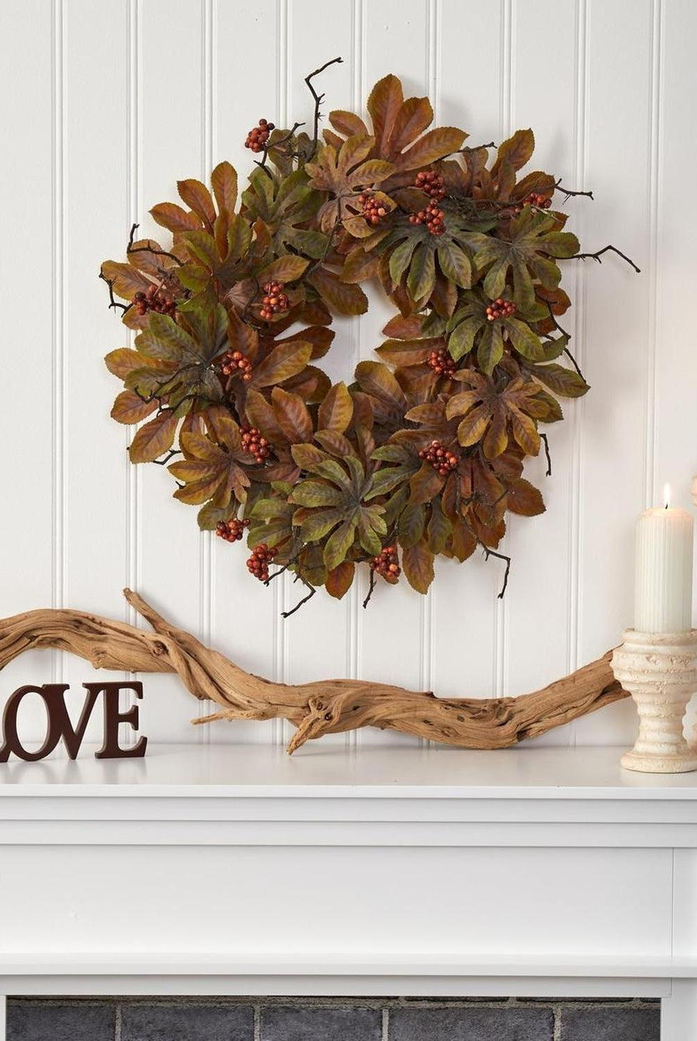 24” Fatsia with Berries Autumn Artificial Wreath