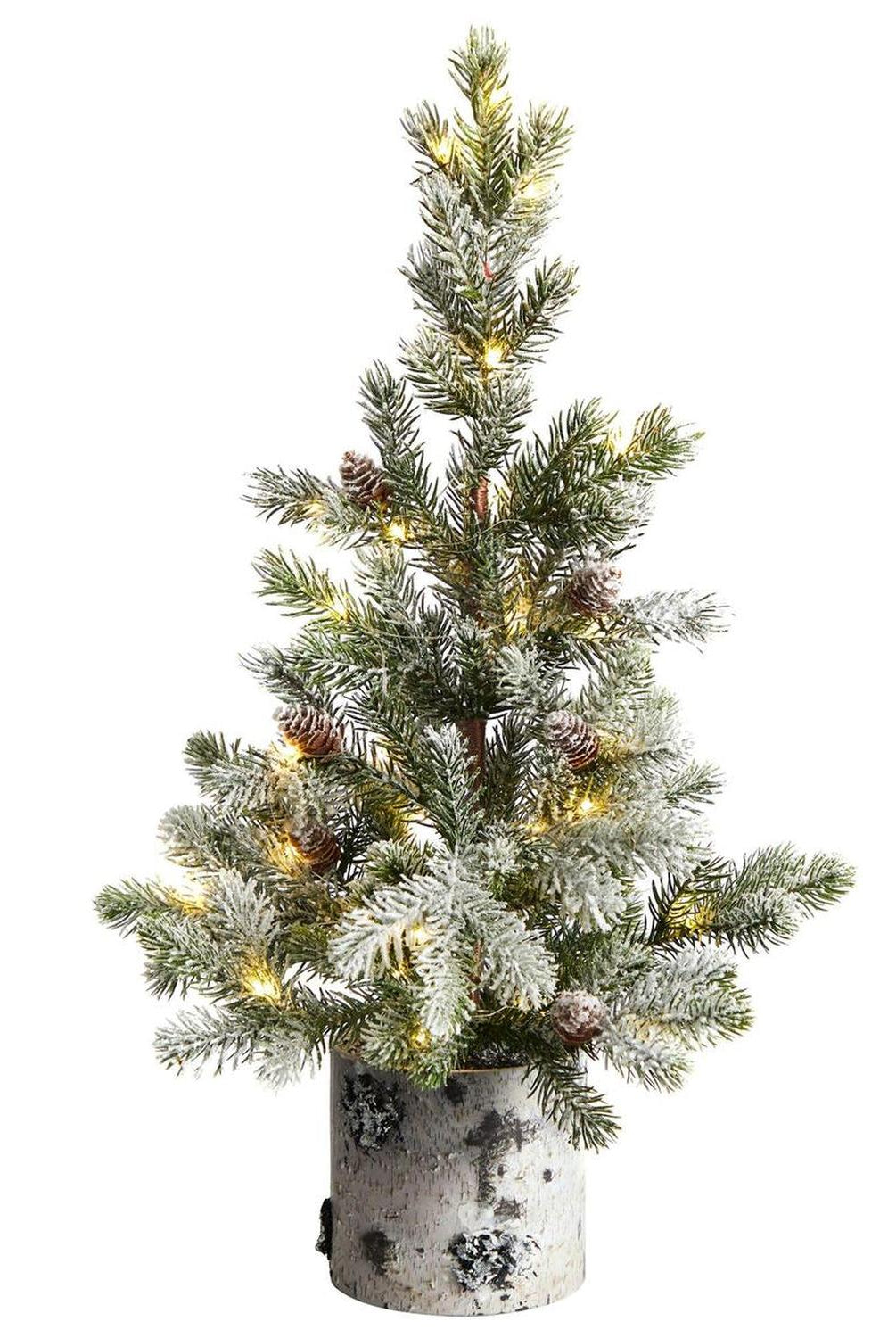 24” Flocked Artificial Christmas Tree in Decorative Birch Bark Planter