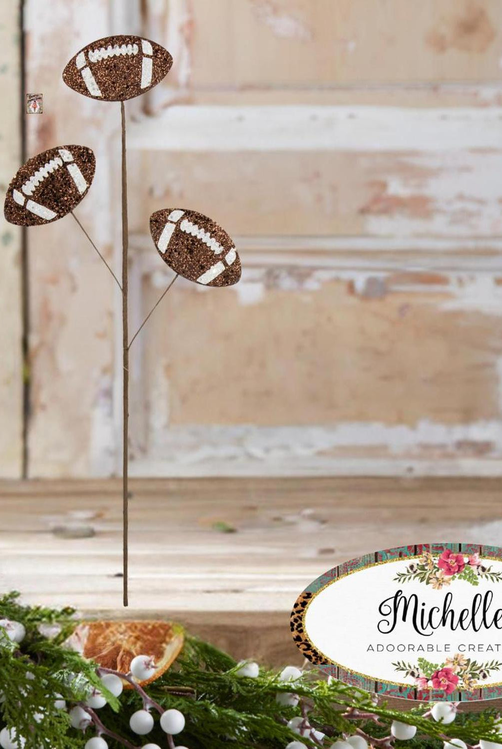 24" Glitter Football Floral Spray: Brown