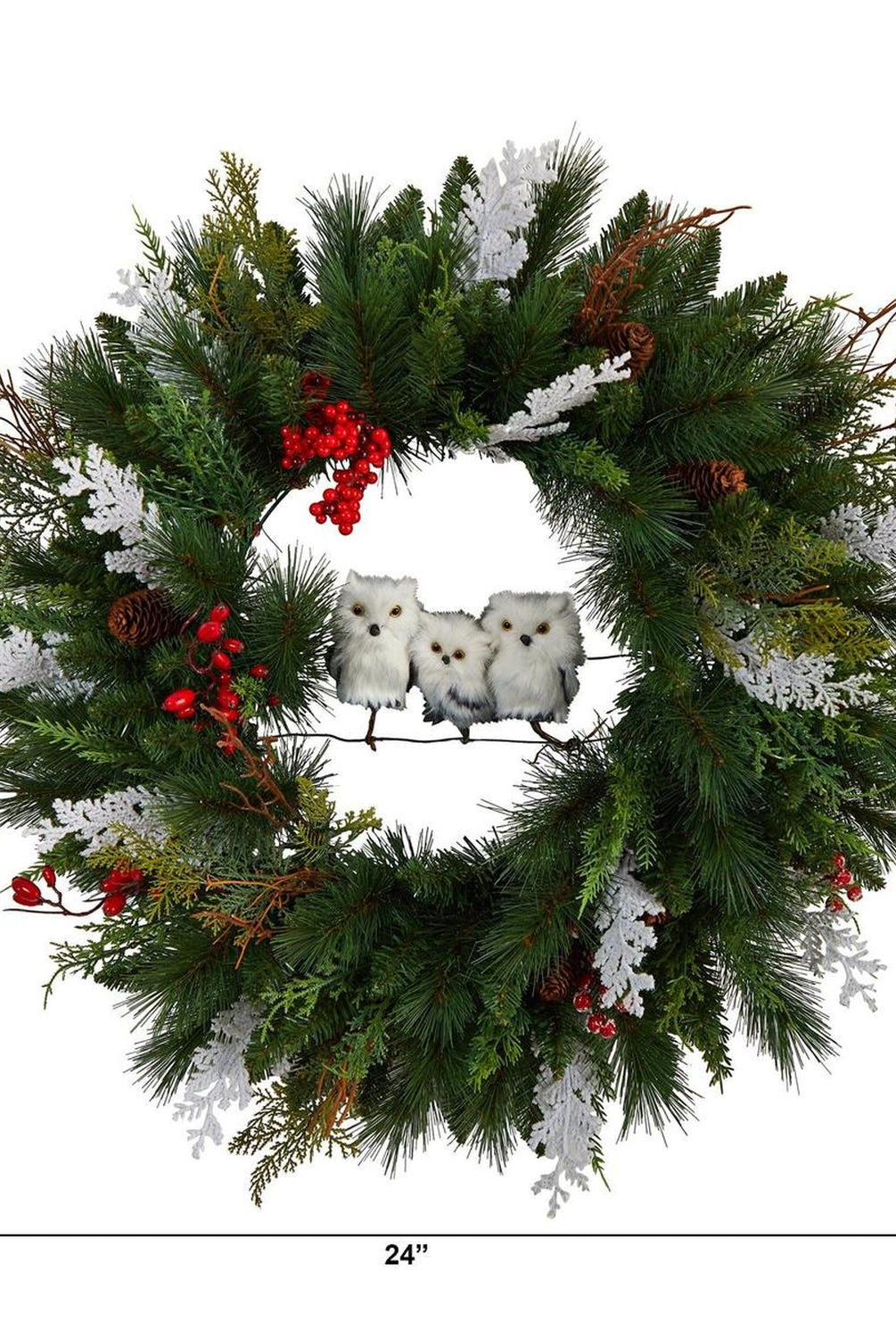 24” Holiday Winter Owl Family Pinecone Berry Christmas Artificial Wreath
