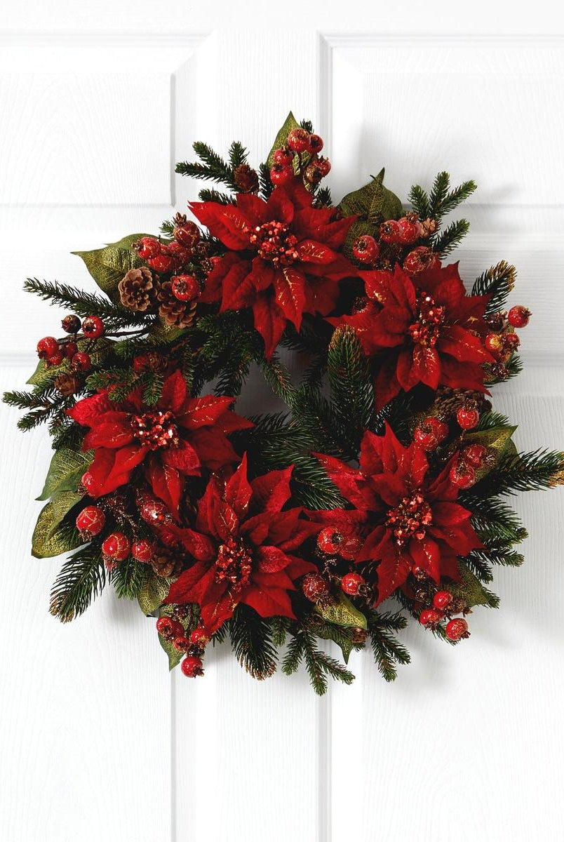 Shop For 24" Poinsettia & Berry Artificial Wreath