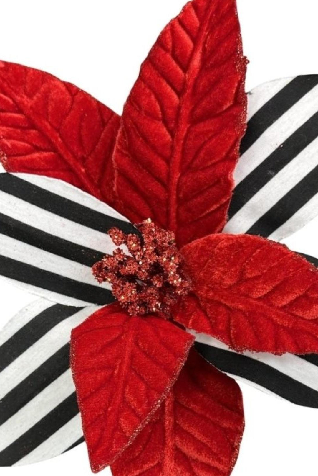 24-inch decorative poinsettia stem with alternating red velvet and black-and-white striped petals and a glittery center.