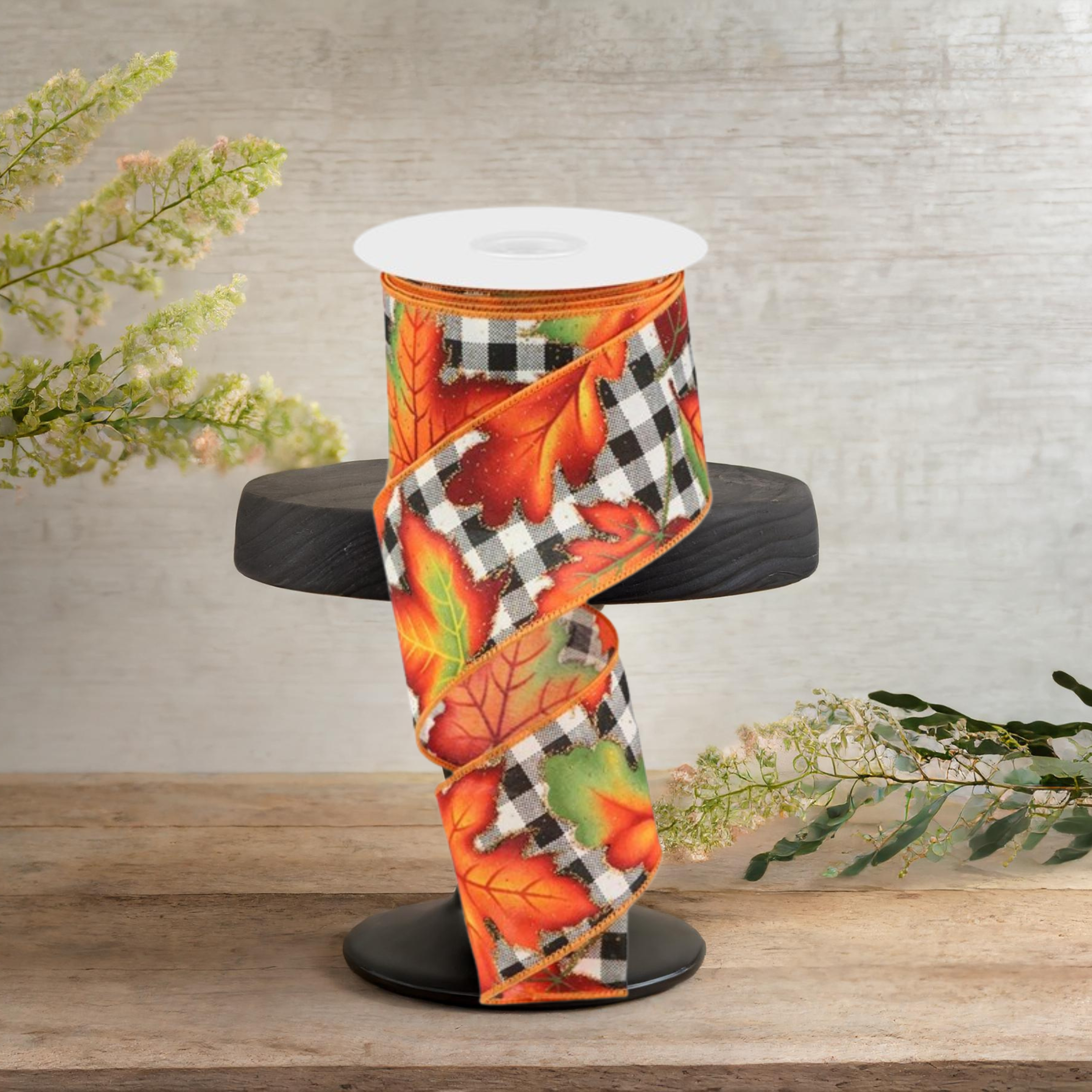 Shop For 2.5" Autumn Leaves Check Ribbon: White/Black (10 Yards)