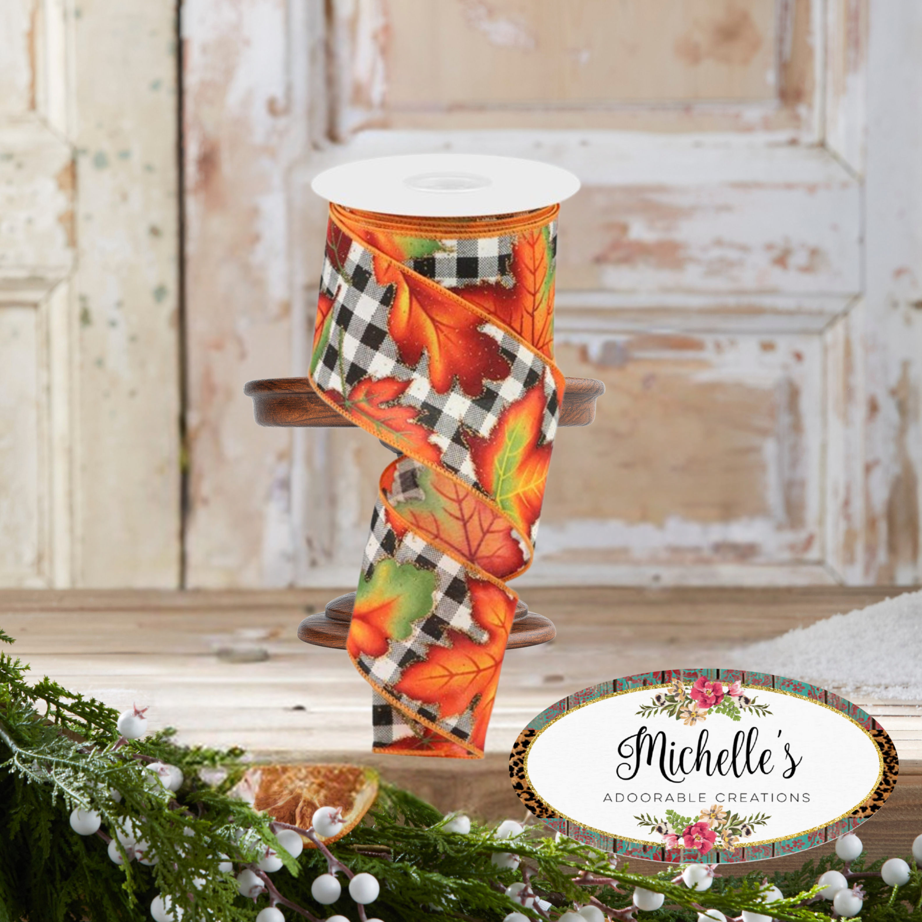 Shop For 2.5" Autumn Leaves Check Ribbon: White/Black (10 Yards)