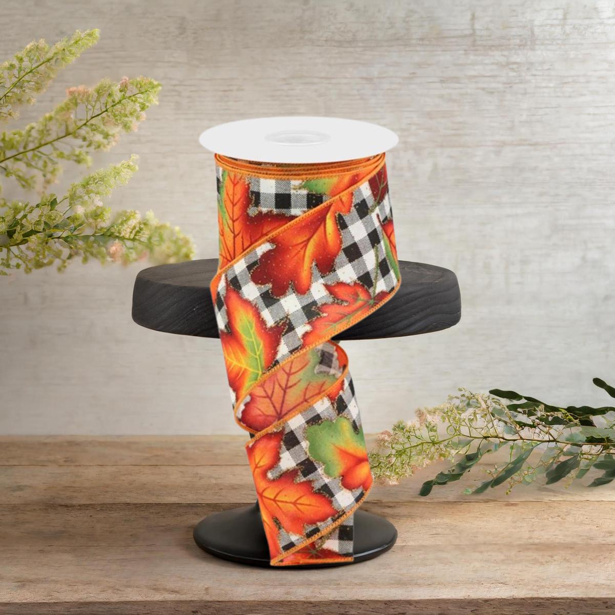 Shop For 2.5" Autumn Leaves Check Ribbon: White/Black (10 Yards)