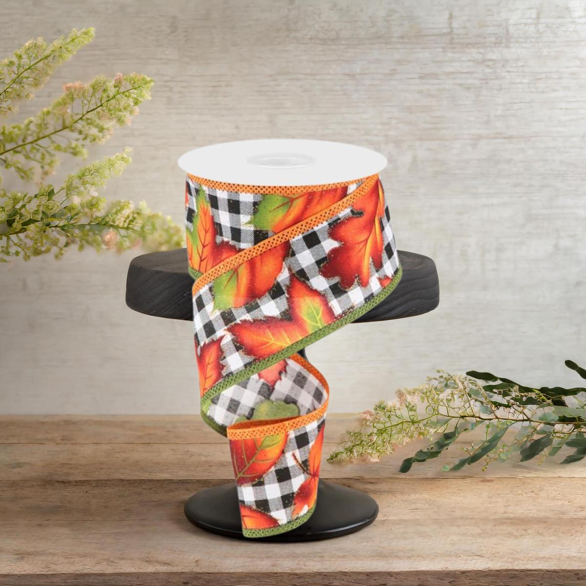 Shop For 2.5" Autumn Leaves on Check Ribbon: White (10 Yards)