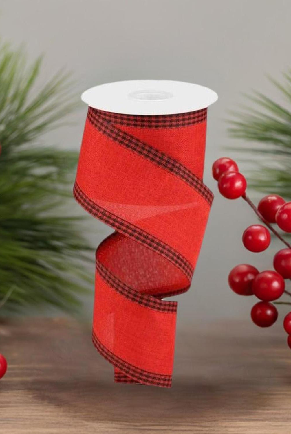2.5" Black Gingham Edge Ribbon: Red (10 Yards)