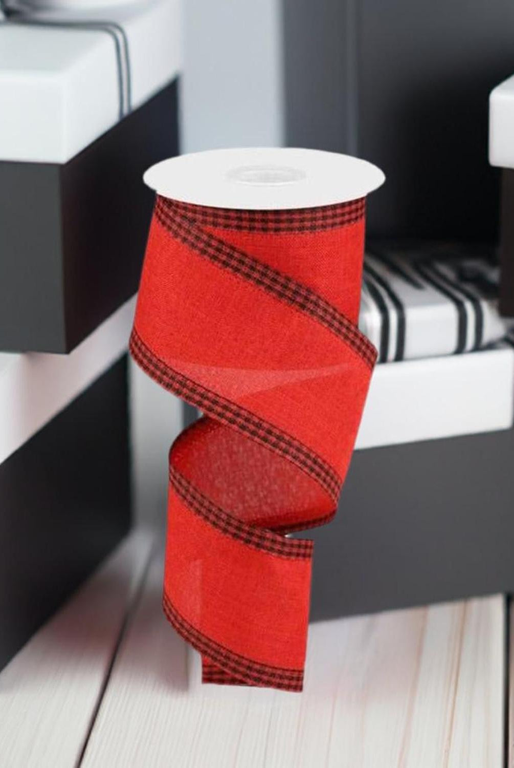 2.5" Black Gingham Edge Ribbon: Red (10 Yards)
