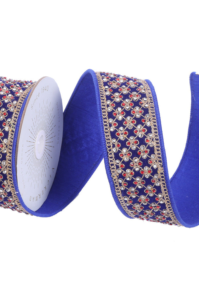 Shop For 2.5" Blue Velvet Gold Trim Red Jewel Ribbon (5 Yards)