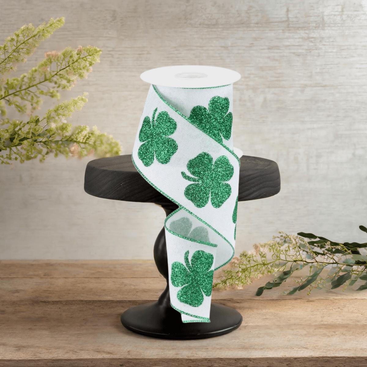 Shop For 2.5" Bold Glitter Clover Ribbon: White/Green (10 Yards)