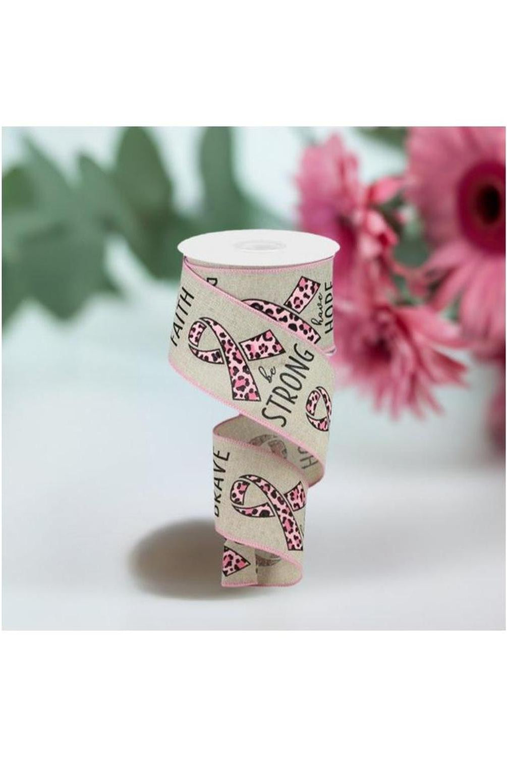 Shop For 2.5" Breast Cancer Leopard Ribbon: Lt Natural (10 Yards) at Michelle's aDOORable Creations