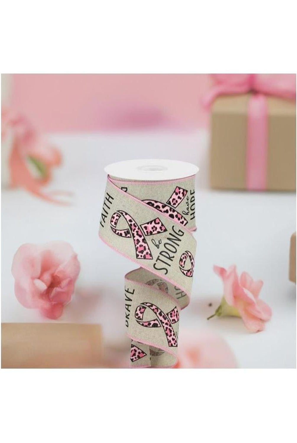 Shop For 2.5" Breast Cancer Leopard Ribbon: Lt Natural (10 Yards) at Michelle's aDOORable Creations