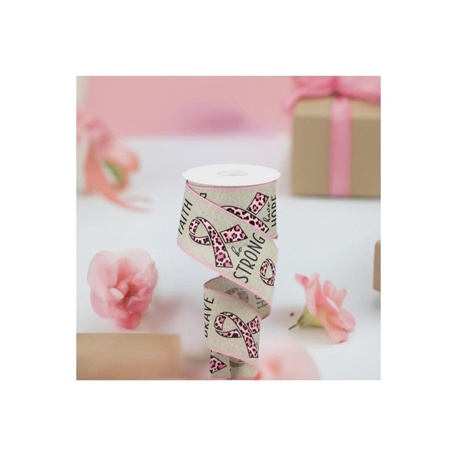 Shop For 2.5" Breast Cancer Leopard Ribbon: Lt Natural (10 Yards) at Michelle's aDOORable Creations