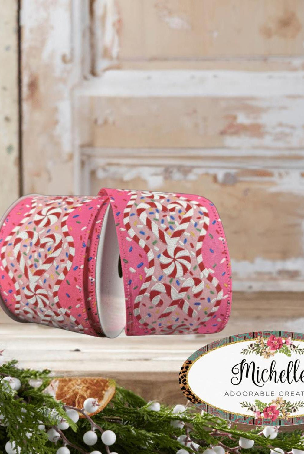 2.5" Candy Cane Sprinkle Ribbon: Pink (10 Yards)