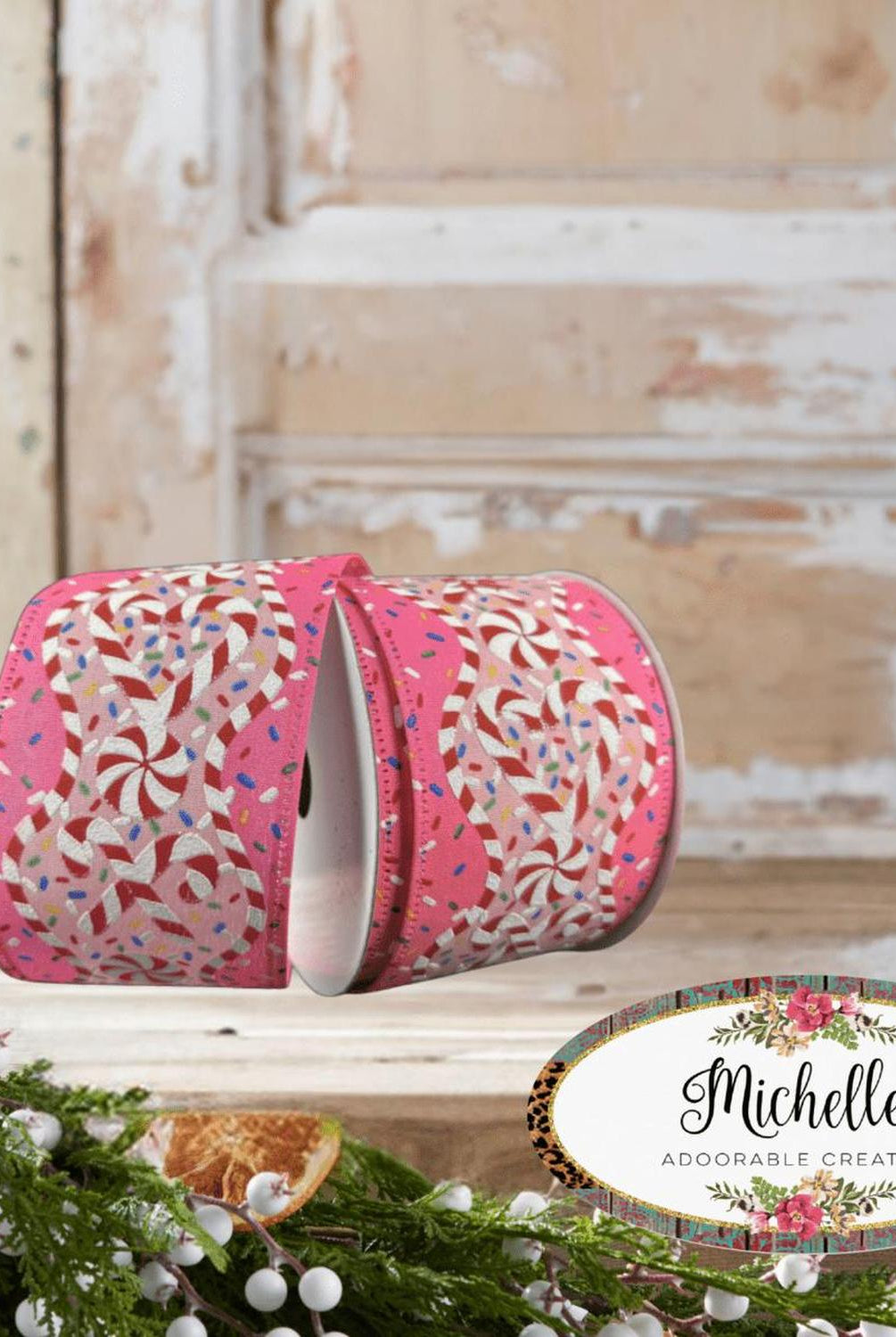 2.5" Candy Cane Sprinkle Ribbon: Pink (10 Yards)