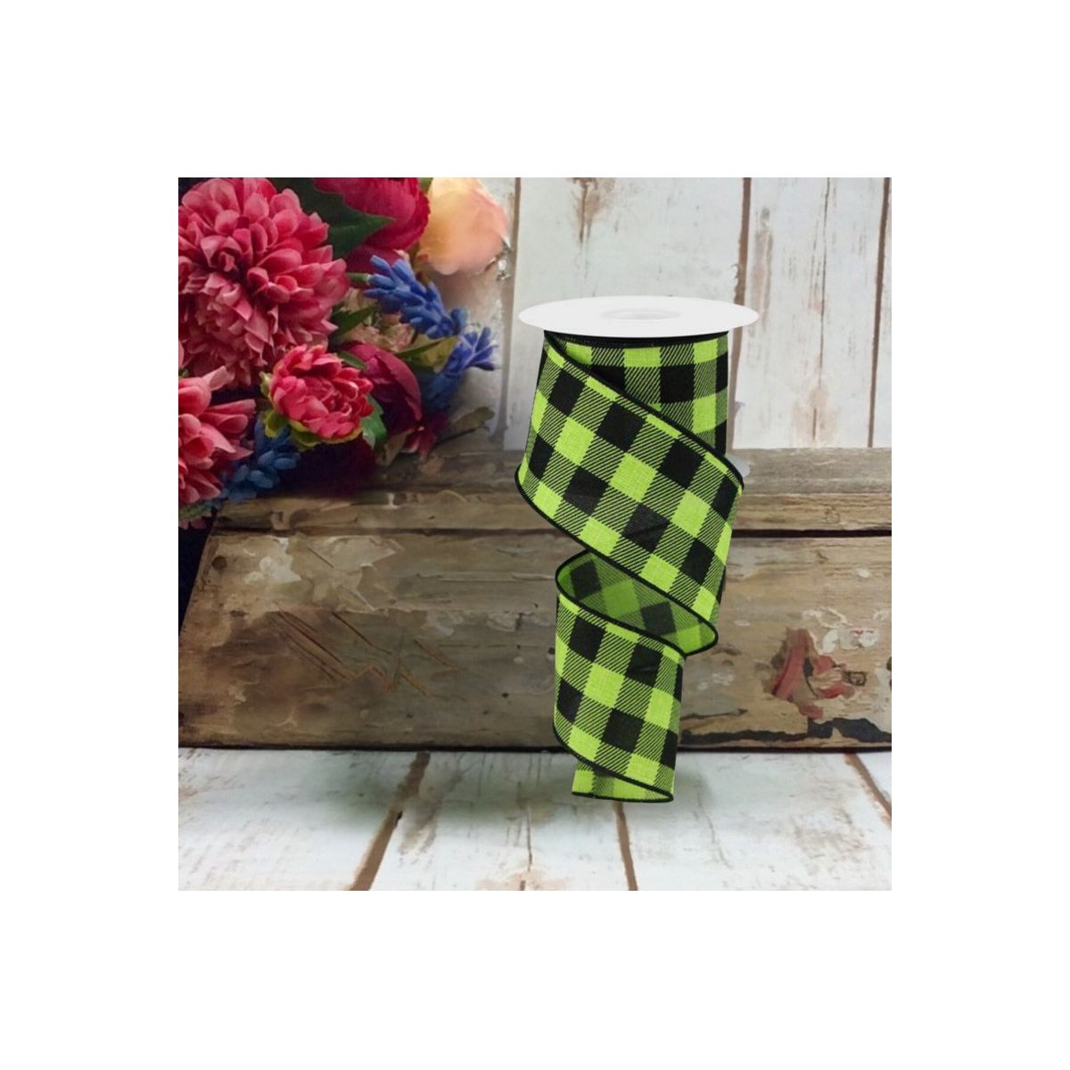 Shop For 2.5" Checked Plaid Ribbon: Lime Green & Black (10 Yards)