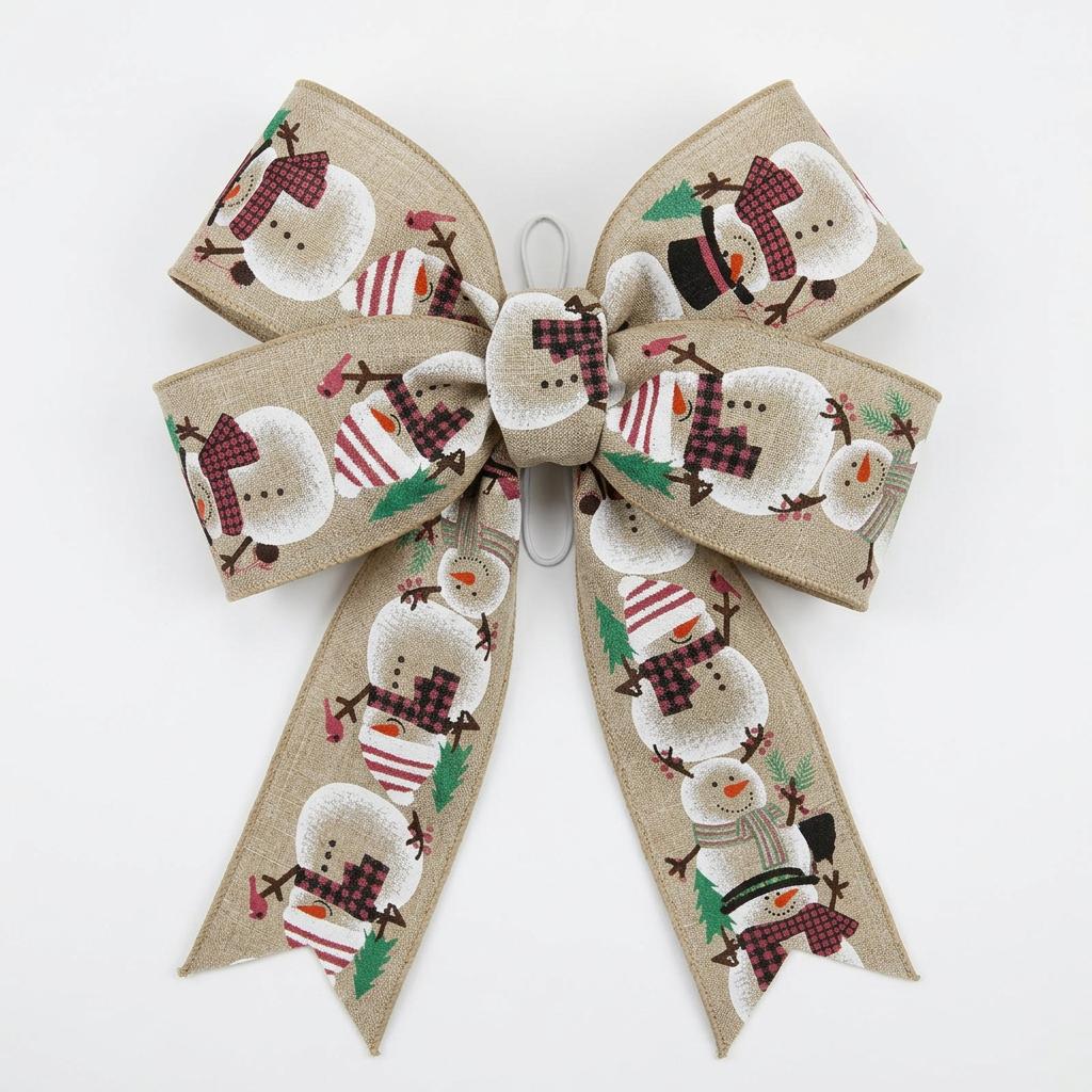 Pre-tied bow of natural snowman patterned wired ribbon