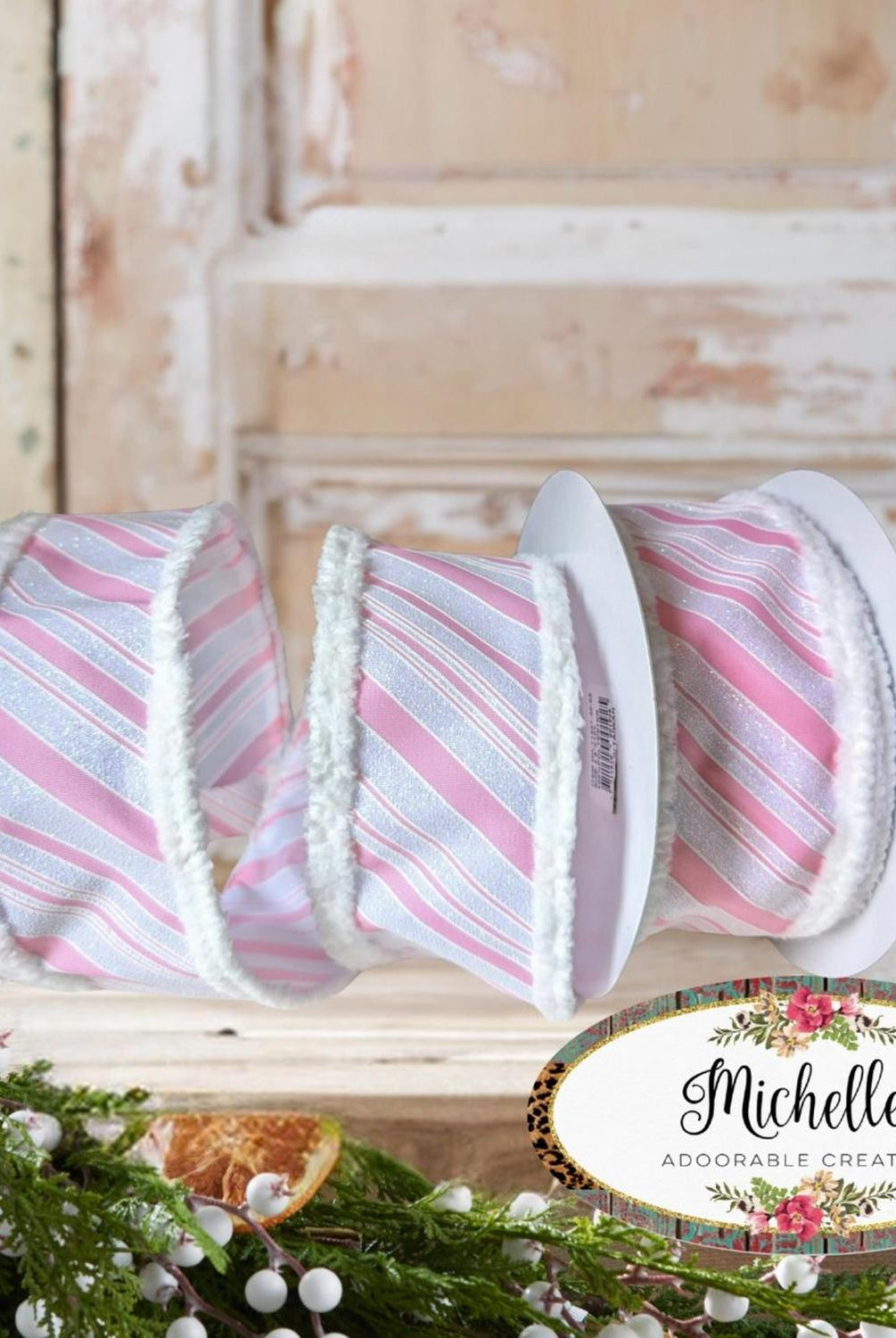 2.5" Diagonal Stripe Snow Edge Ribbon: Pink & White (10 Yards)