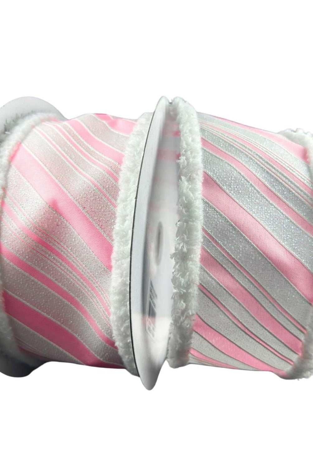 2.5" Diagonal Stripe Snow Edge Ribbon: Pink & White (10 Yards)