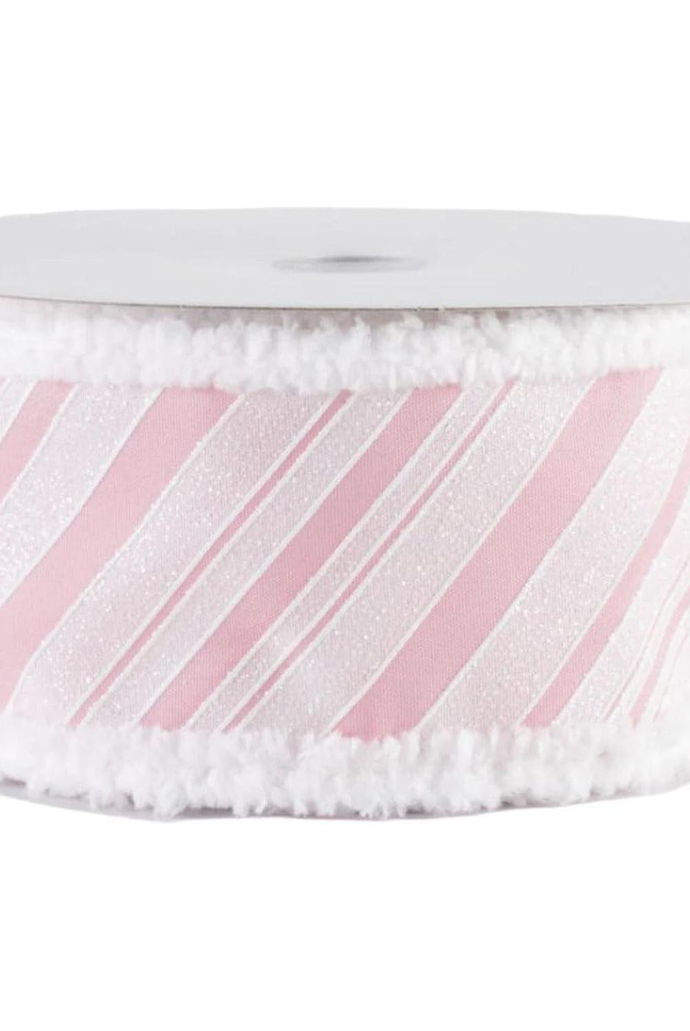 2.5" Diagonal Stripe Snow Edge Ribbon: Pink & White (10 Yards)
