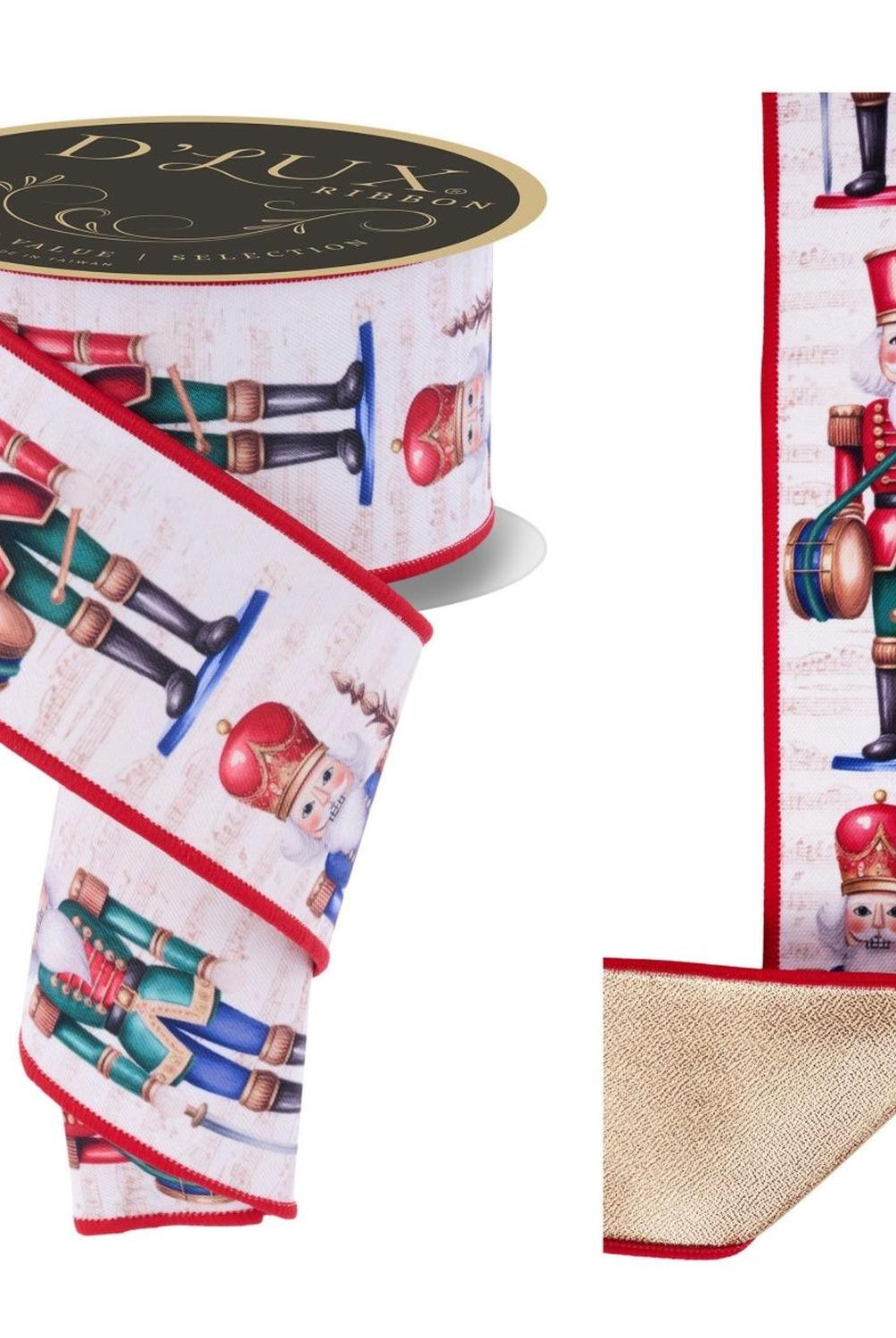 2.5" D'Lux Nutcracker Fused Ribbon: Ivory/Red (10 Yards)