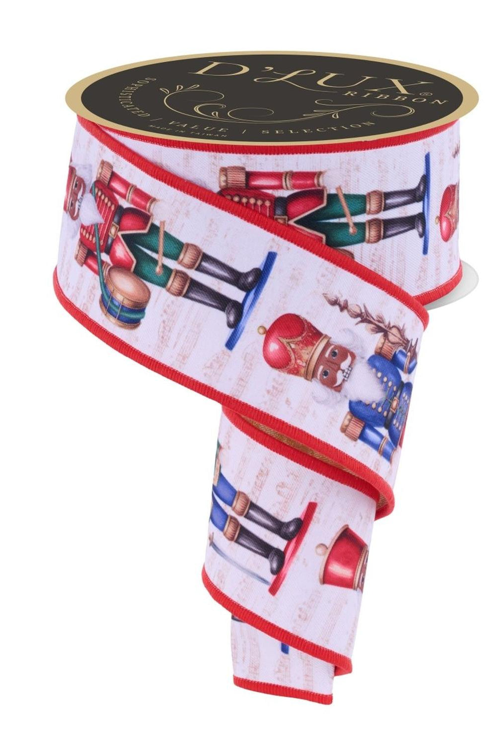 2.5" D'Lux Nutcracker Fused Ribbon: White/Red (10 Yards)