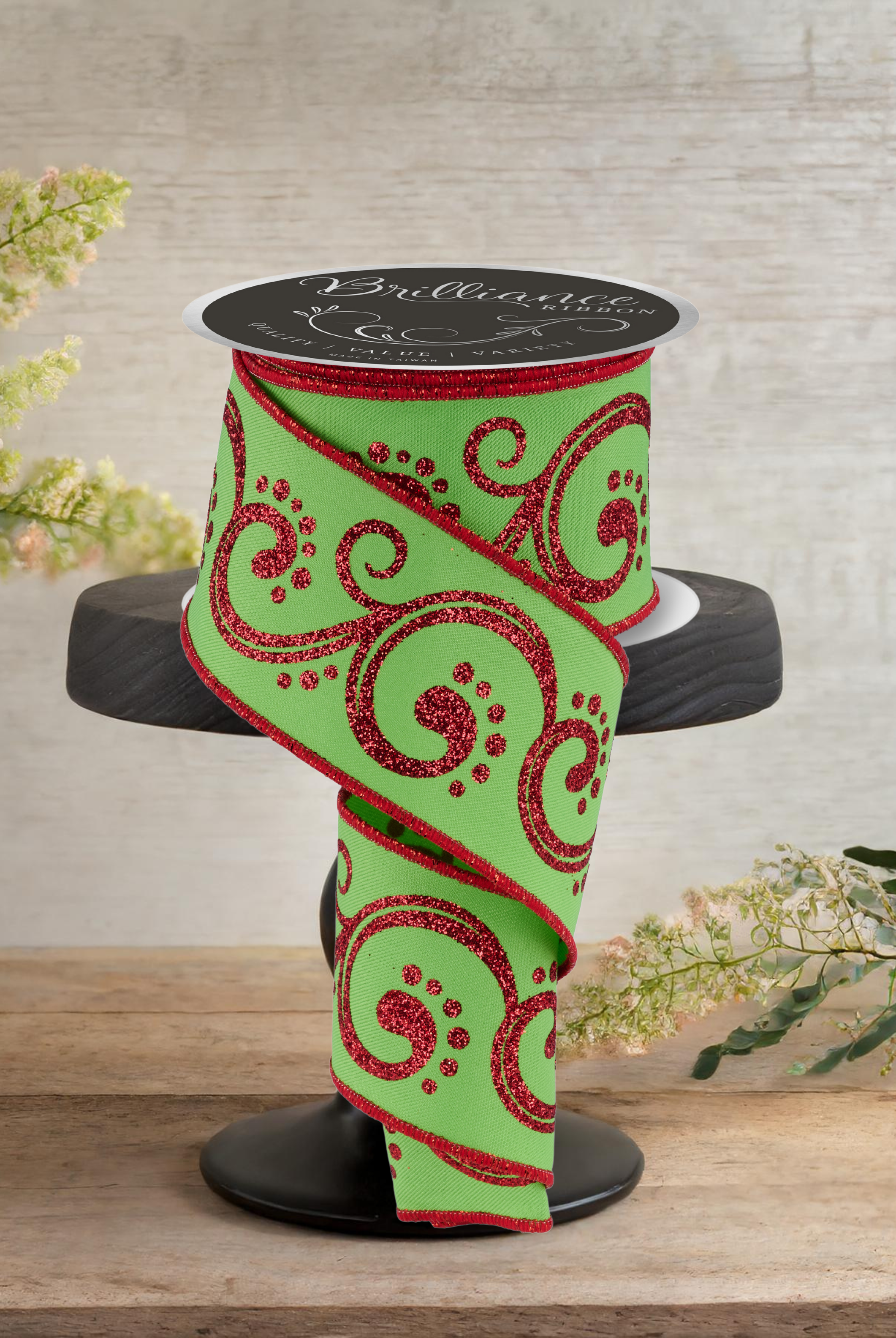 Shop For 2.5" D'Lux Swirl Design Ribbon: Lime/Red (10 Yards)