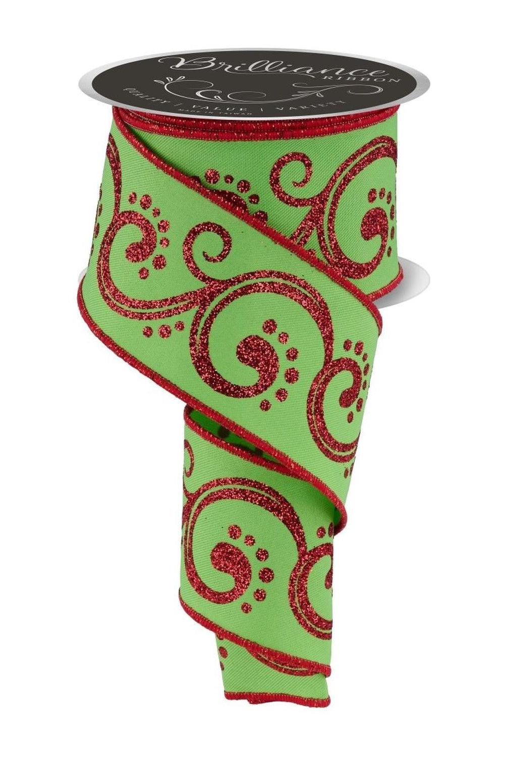 2.5" D'Lux Swirl Design Ribbon: Lime/Red (10 Yards)