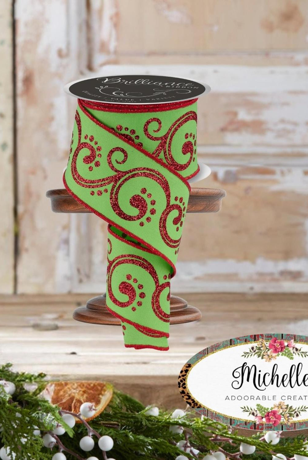 2.5" D'Lux Swirl Design Ribbon: Lime/Red (10 Yards)