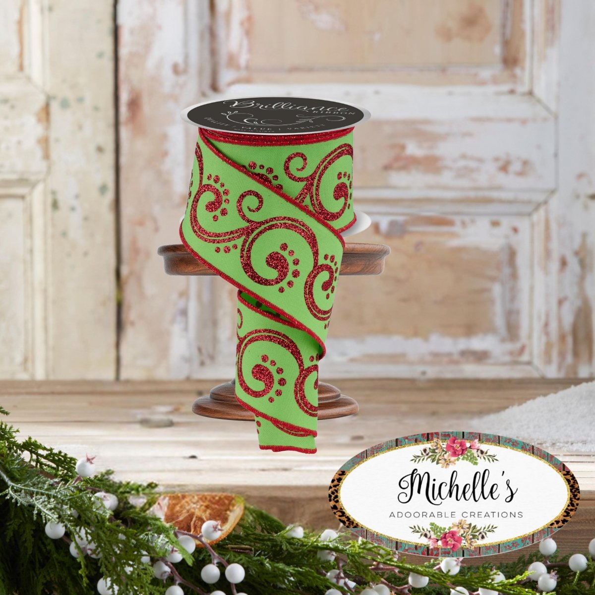 Shop For 2.5" D'Lux Swirl Design Ribbon: Lime/Red (10 Yards)