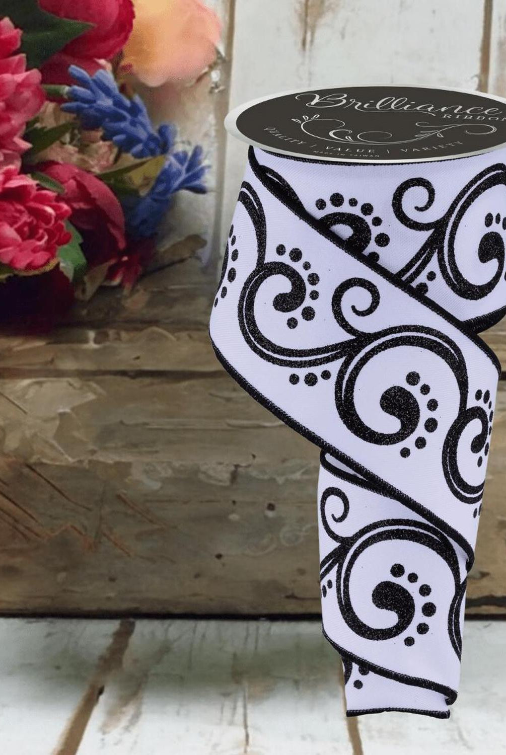 2.5" D'Lux Swirl Design Ribbon: White/Black (10 Yards)