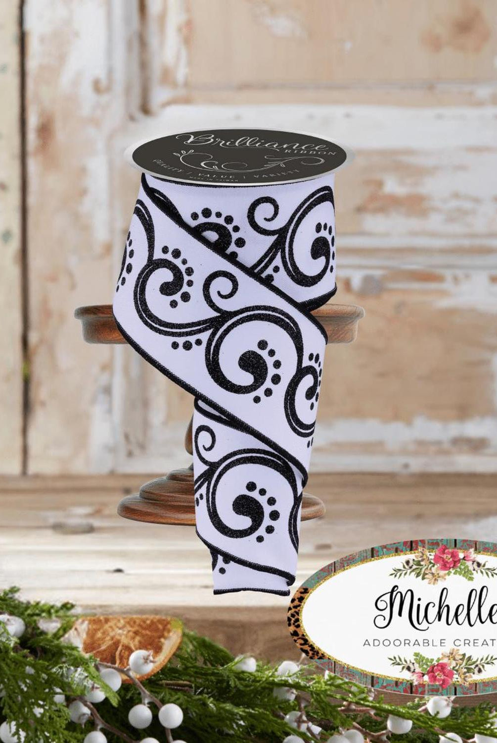 2.5" D'Lux Swirl Design Ribbon: White/Black (10 Yards)