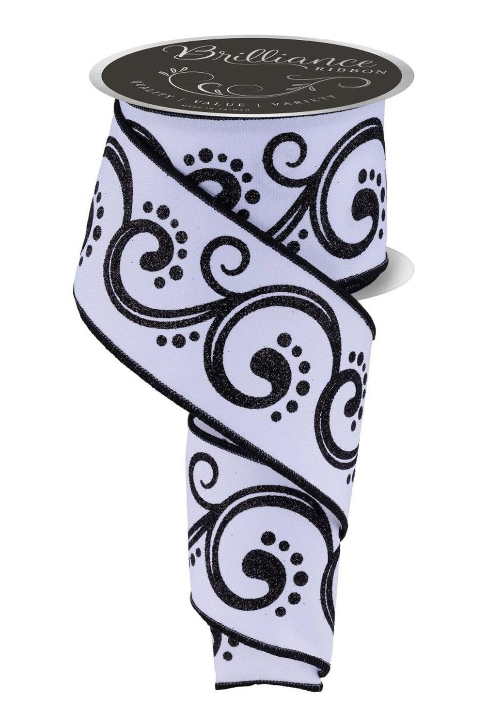 2.5" D'Lux Swirl Design Ribbon: White/Black (10 Yards)