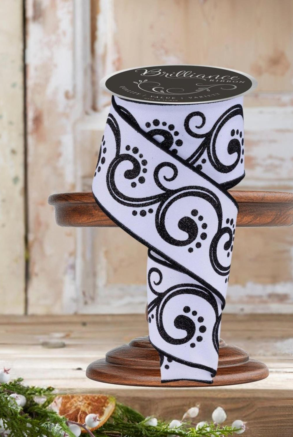 2.5" D'Lux Swirl Design Ribbon: White/Black (10 Yards)