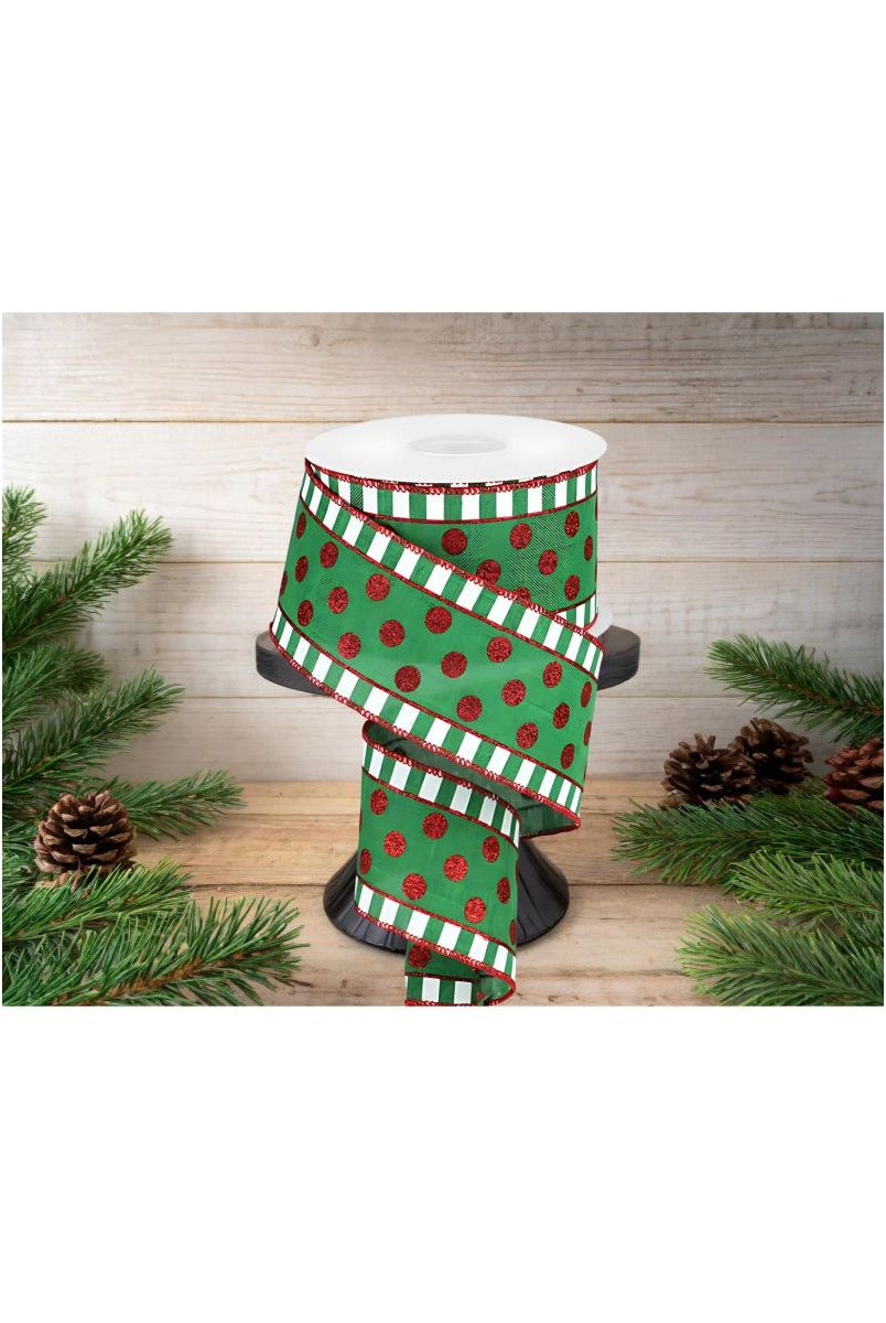 Shop For 2.5" Dots & Stripes Glitter Ribbon: Emerald Green, White & Red (10 Yards)