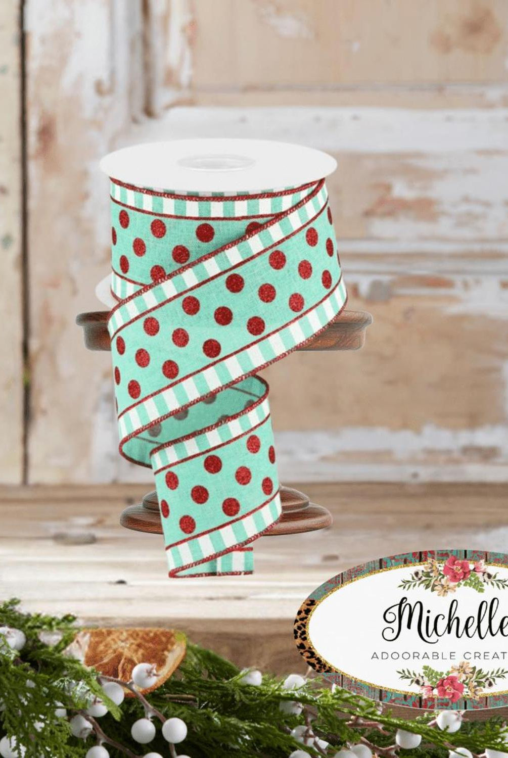 2.5" Dots & Stripes Glitter Ribbon: Mint Green (10 Yards)