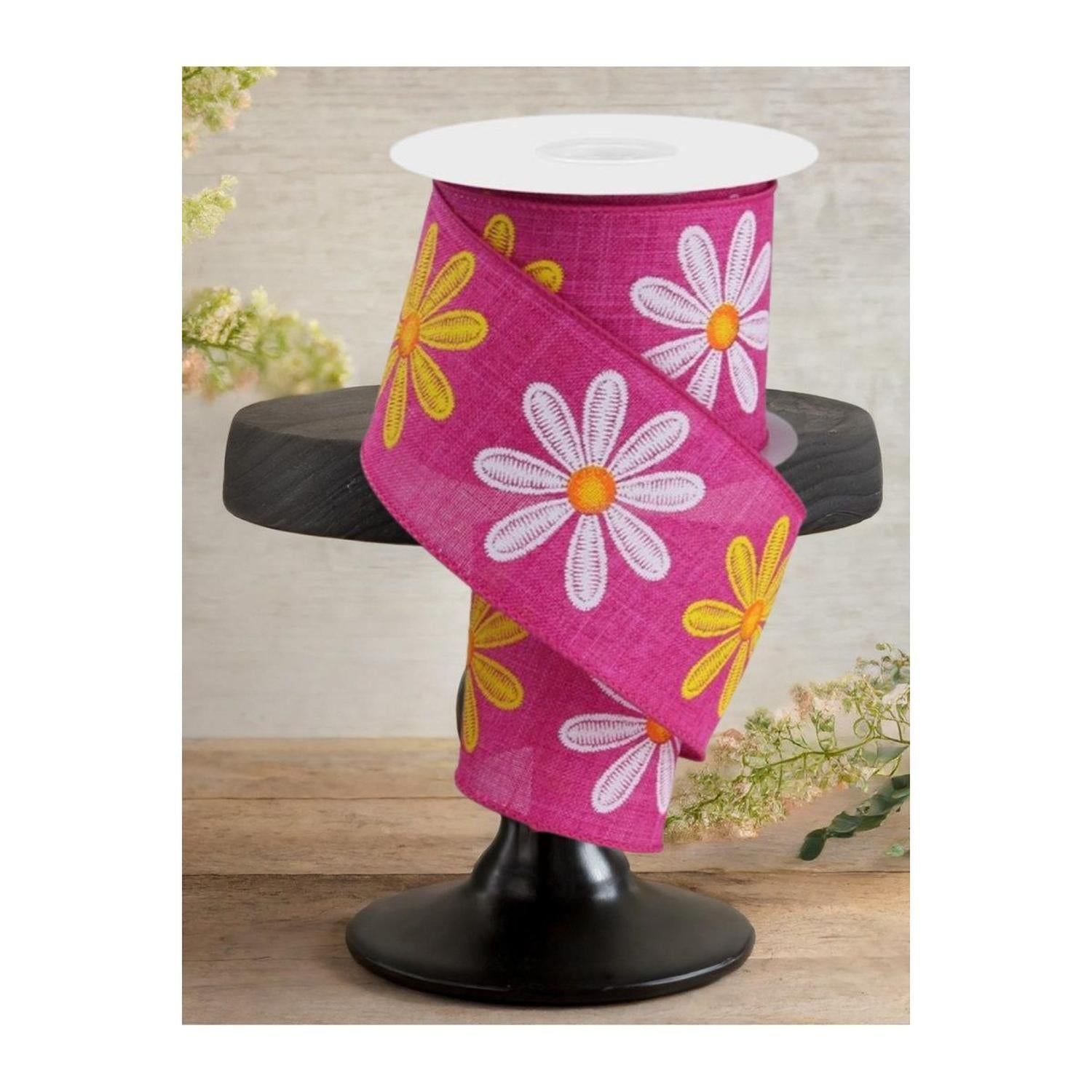 Shop For 2.5" Embroidered Daisy Ribbon: Fuchsia (10 Yards)