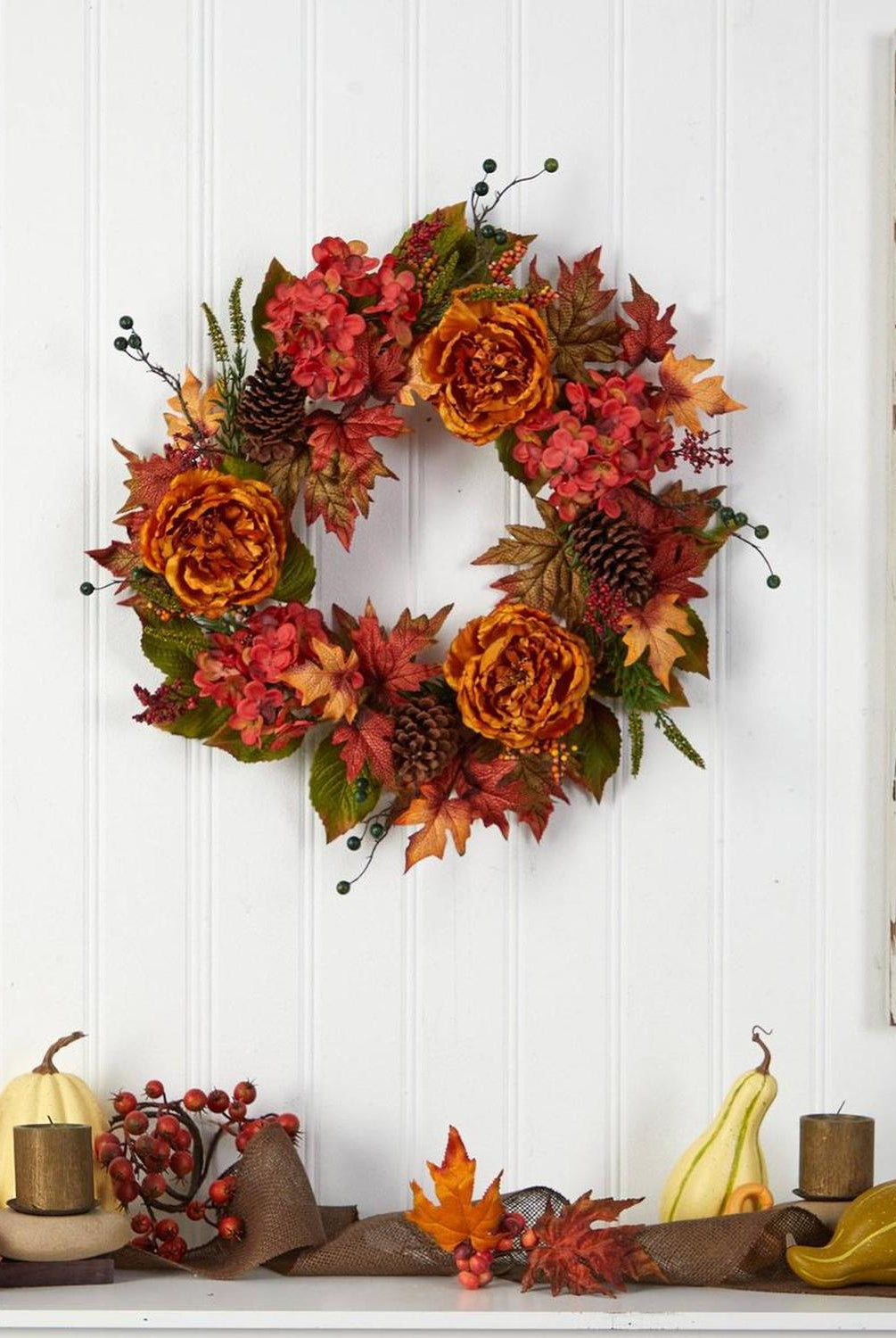 25” Fall Ranunculus, Hydrangea and Berries Autumn Artificial Wreath