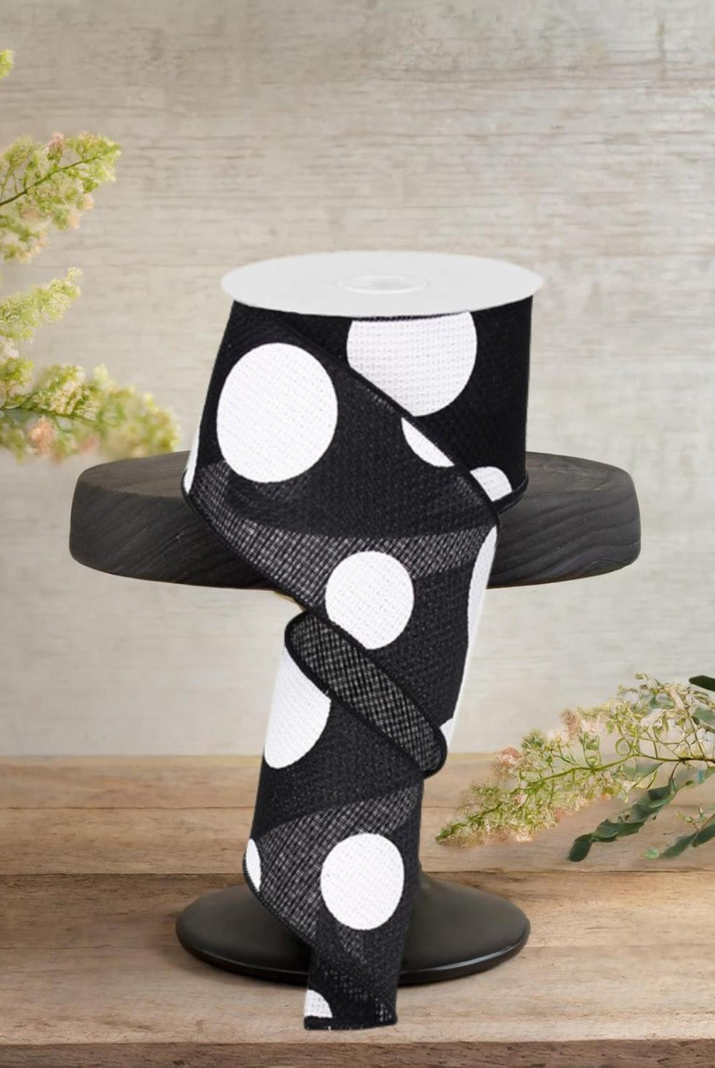 2.5" Faux Burlap Giant Polka Dot Ribbon: Black & White (10 Yards)