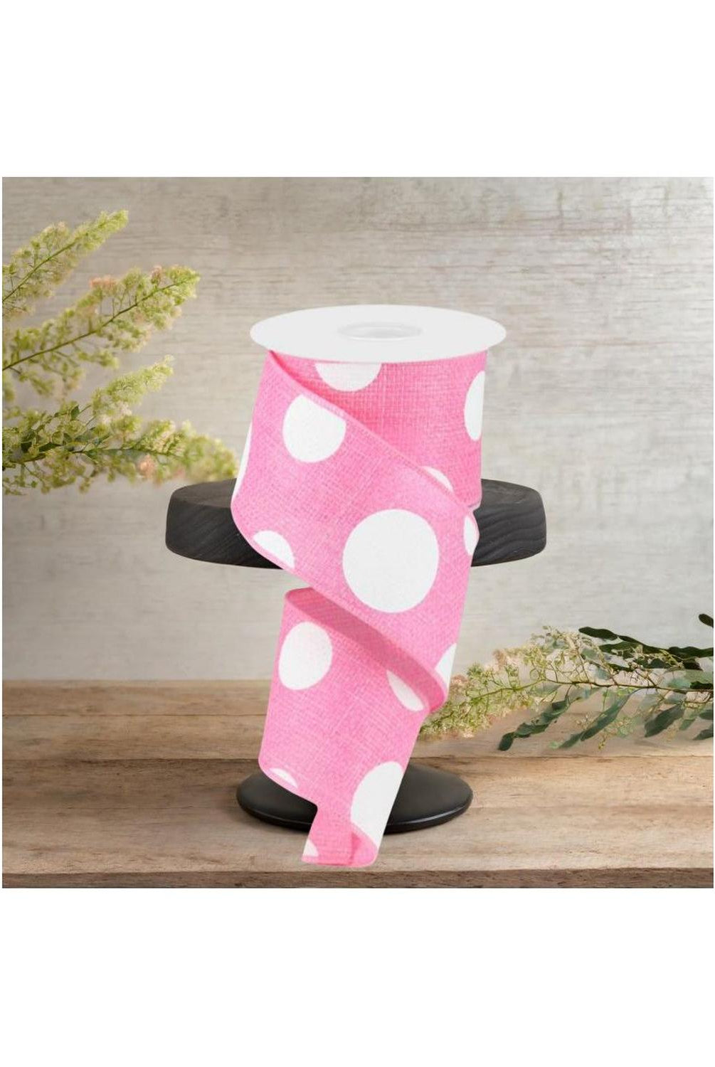 2.5" Faux Burlap Giant Polka Dot Ribbon: Light Pink & White (10 Yards)