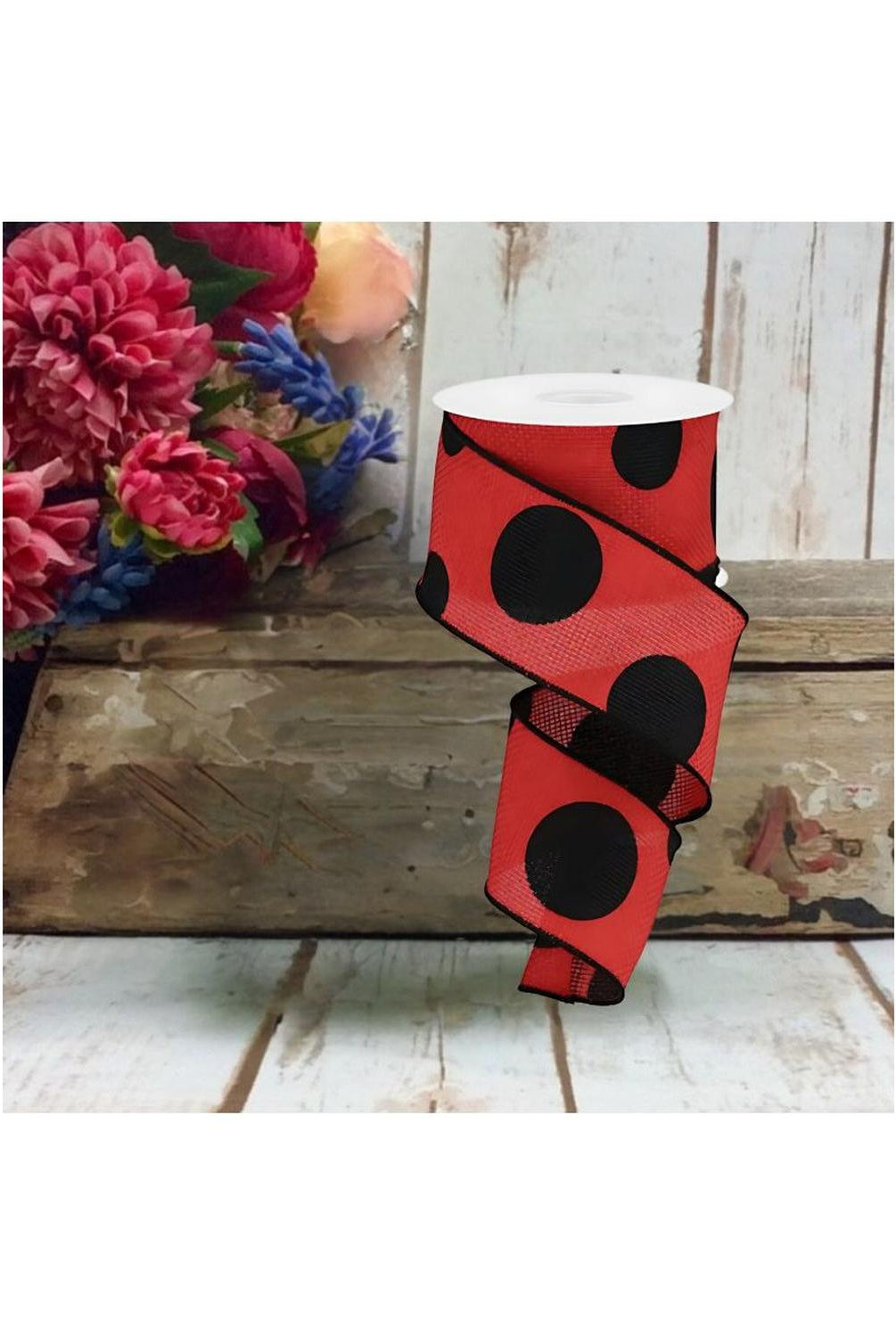 2.5" Faux Burlap Giant Polka Dot Ribbon: Red & Black (10 Yards)