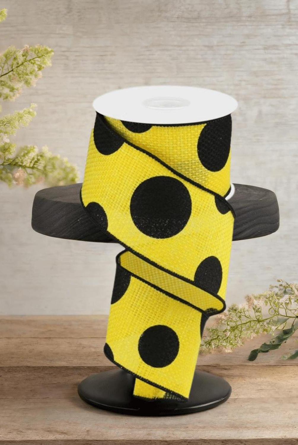 2.5" Faux Burlap Giant Polka Dot Ribbon: Yellow & Black (10 Yards)