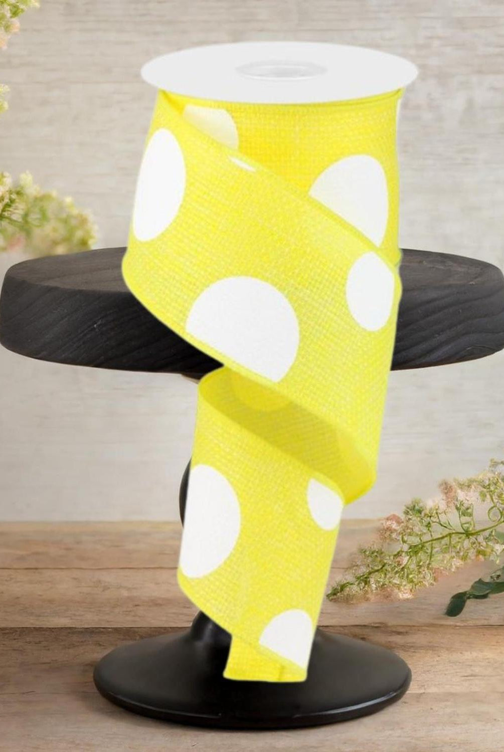 2.5" Faux Burlap Giant Polka Dot Ribbon: Yellow & White (10 Yards)
