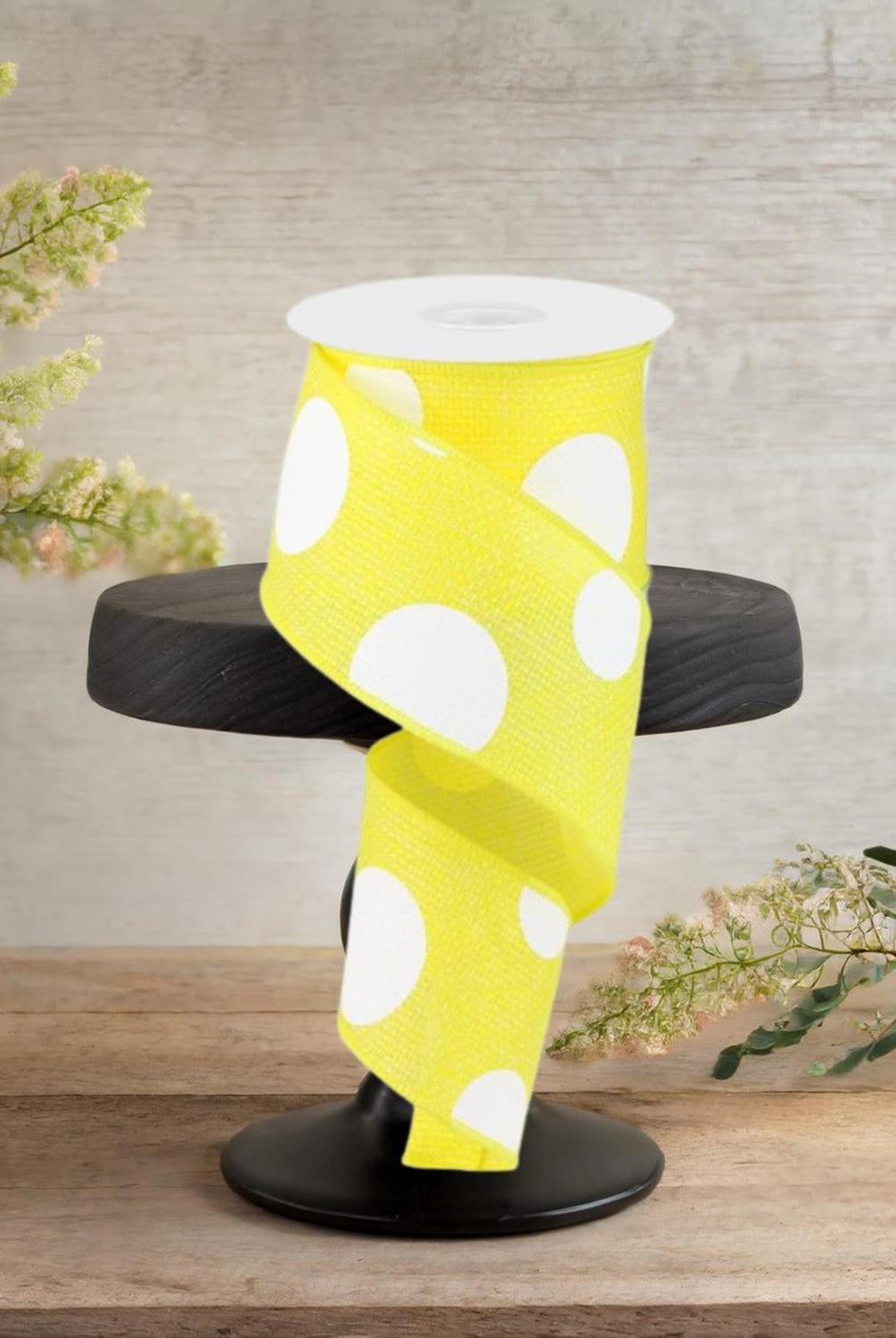 2.5" Faux Burlap Giant Polka Dot Ribbon: Yellow & White (10 Yards)