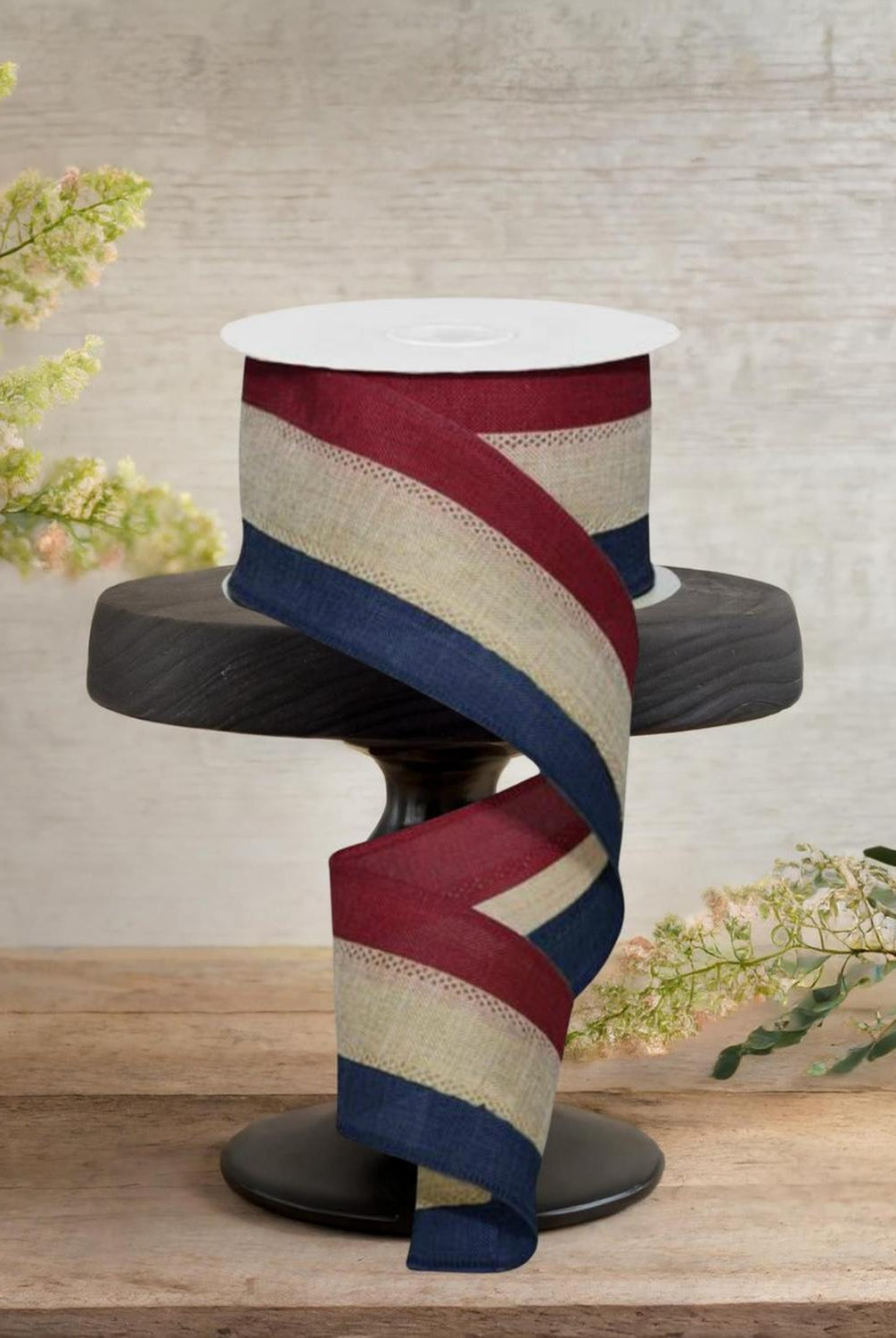 2.5" Faux Burlap Striped Ribbon: Burgundy, Beige, Navy (10 Yards)