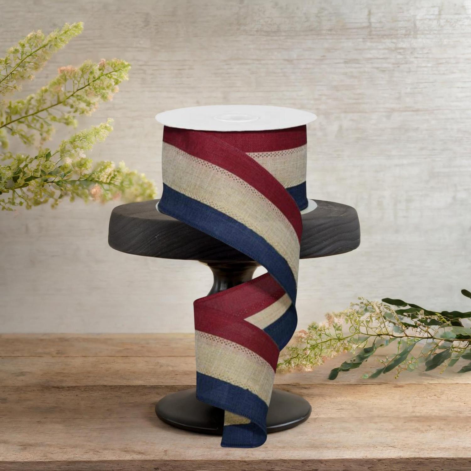 Shop For 2.5" Faux Burlap Striped Ribbon: Burgundy, Beige, Navy (10 Yards)